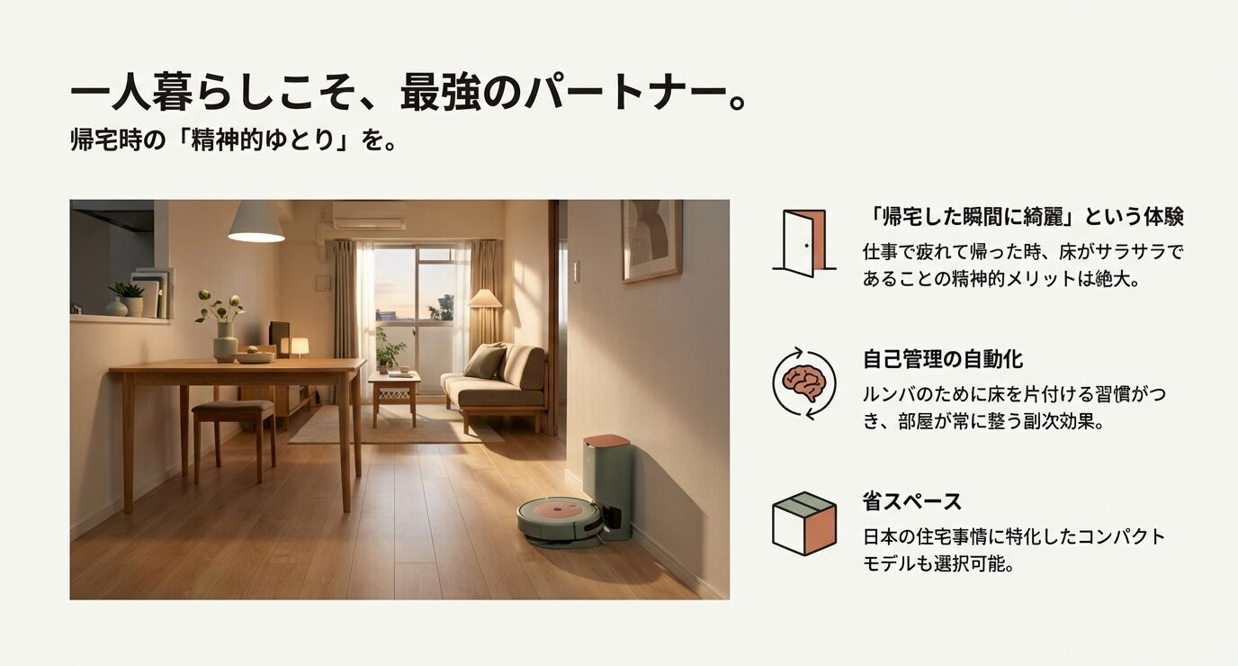 一人暮らしの部屋とルンバのイメージに、「一人暮らしこそ、最強のパートナー」「帰宅した瞬間に綺麗という体験」「自己管理の自動化」「省スペース」などの要点が並ぶスライド