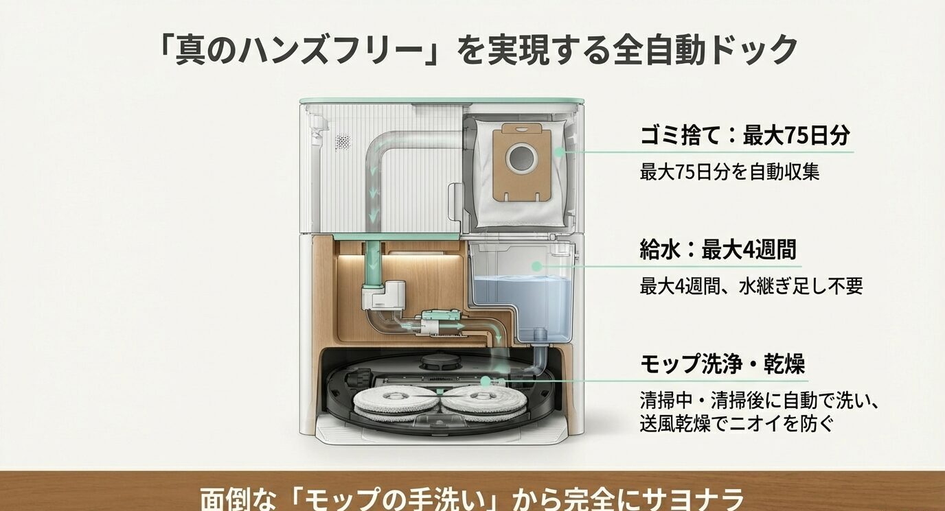 AutoWash充電ステーションの断面図。ゴミ自動収集最大75日分、給水最大4週間、モップ洗浄・乾燥まで一体化した全自動ドック。
