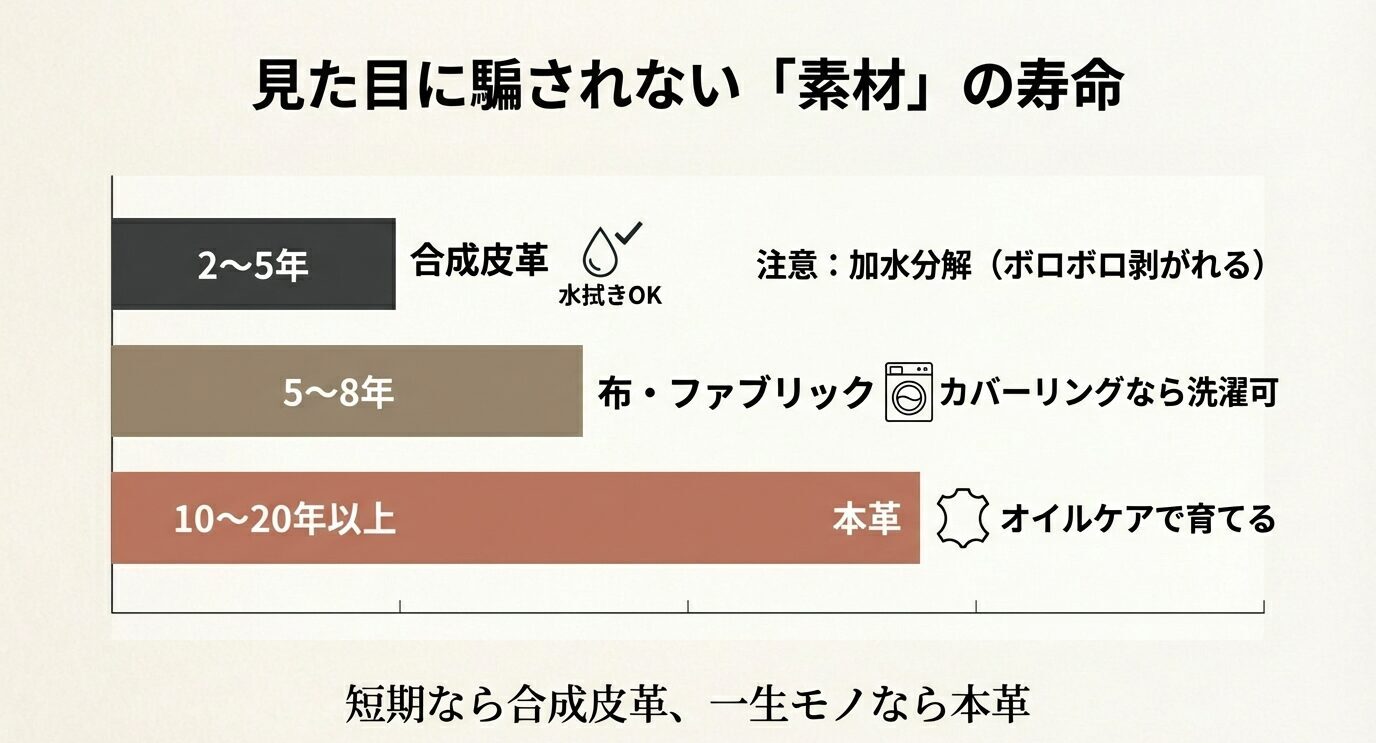 合成皮革2〜5年（加水分解に注意・水拭きOK）、布/ファブリック5〜8年（カバーリングなら洗濯可）、本革10〜20年以上（オイルケアで育てる）を帯で比較し「短期なら合皮、一生モノなら本革」とまとめた図。