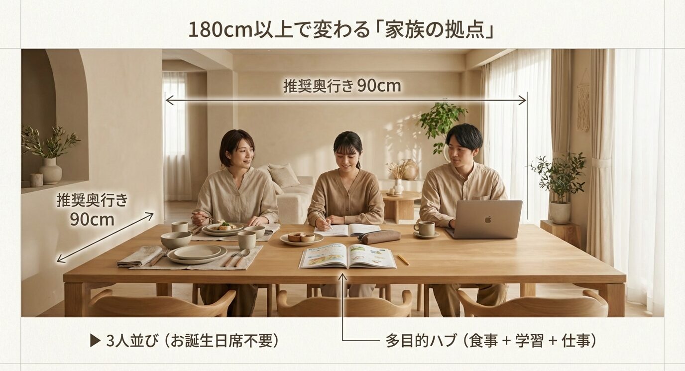 180cm以上なら長辺に3人並べて短辺席不要。奥行き90cm推奨で、食事・学習・仕事を同時にできる多目的ハブになるイメージ。