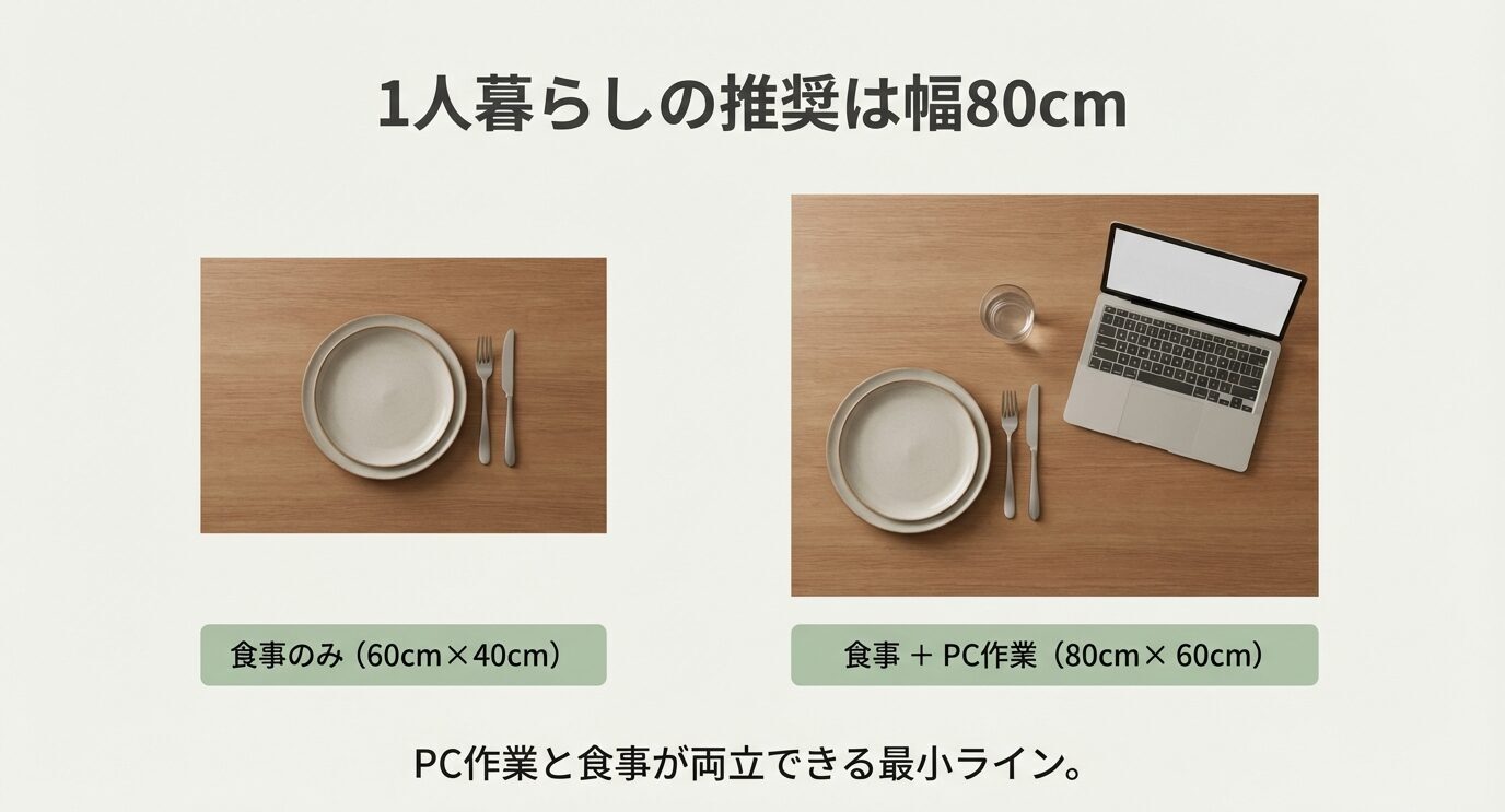 天板サイズの比較写真。食事のみ60×40と、食事+PC作業80×60を並べて、一人暮らしの推奨は幅80cmと示す。