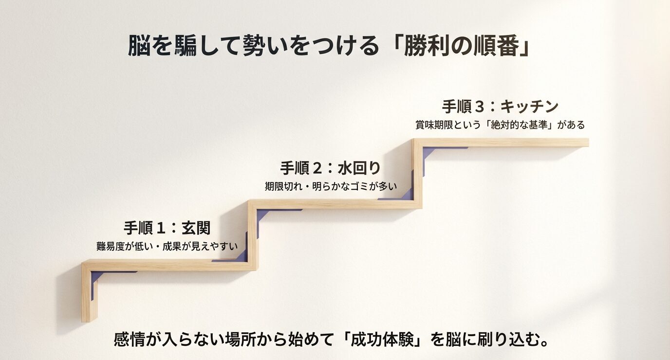 脳を騙して勢いをつける勝利の順番。手順1玄関、手順2水回り、手順3キッチン。感情が入らない場所から成功体験を作る。
