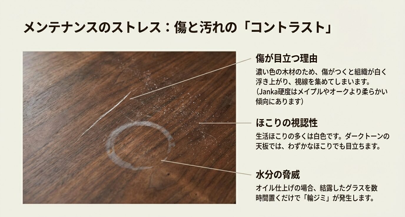 傷と輪ジミが目立つウォールナット天板のクローズアップ。濃色ゆえ傷が白く浮きやすいこと、白いほこりが目立つこと、オイル仕上げは結露で輪ジミが出やすいことを示す。