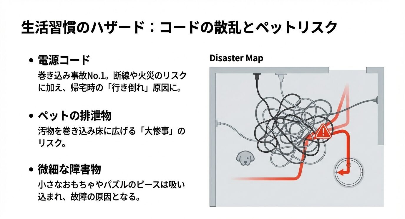 電源コードの巻き込みが事故原因になりやすいこと、ペットの排泄物や小さなおもちゃが故障・汚染リスクになることを図で示す。
