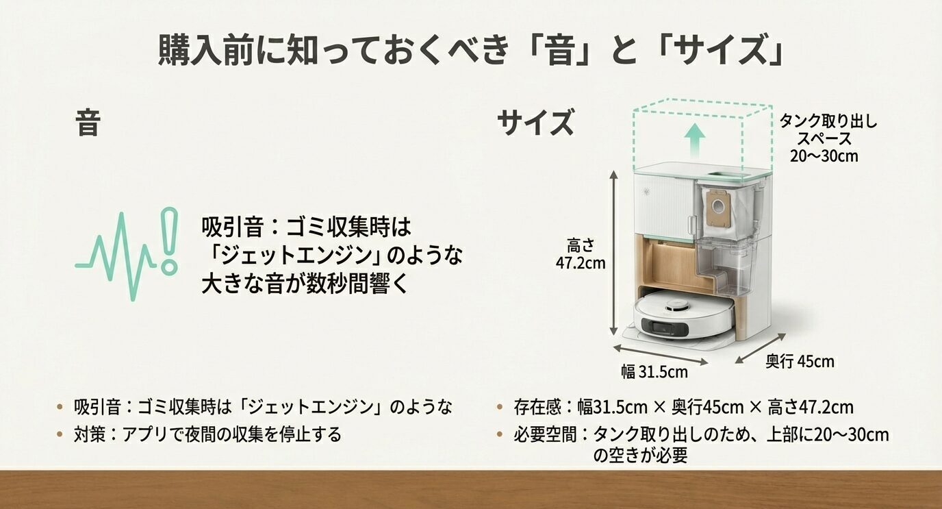 ゴミ収集時はジェットエンジンのような大音量が数秒発生。ステーションは幅31.5cm×奥行45cm×高さ47.2cmで、上部に20〜30cmの取り出し空間が必要。
