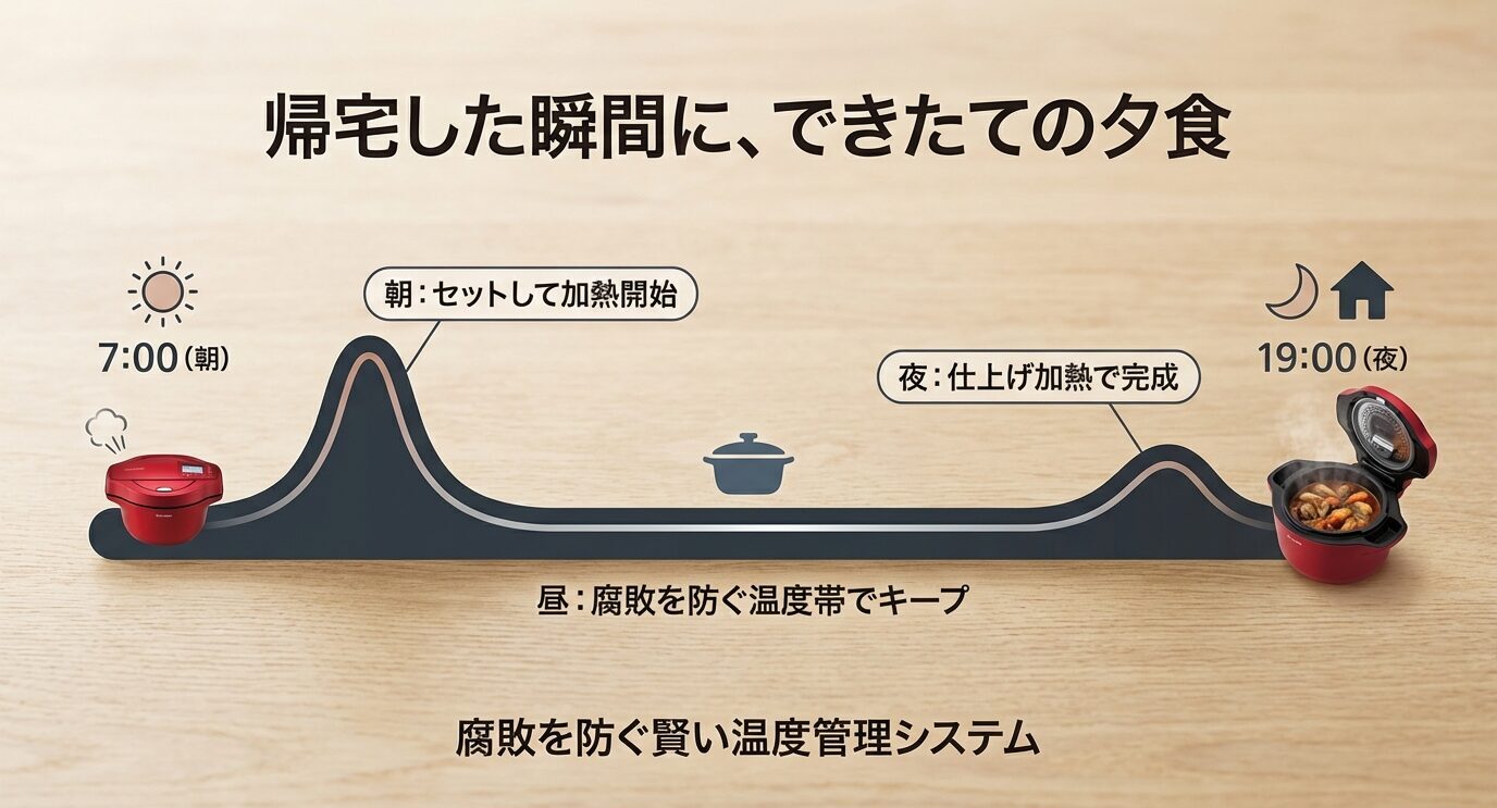朝7時に加熱開始し、昼は腐敗を防ぐ温度帯でキープ、夜19時に仕上げ加熱する流れを図で示した予約調理のスライド