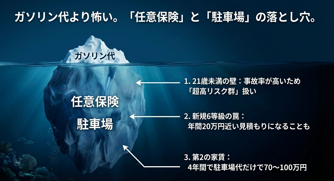 氷山のイラストで、海面上に「ガソリン代」、海面下に大きく「任意保険」「駐車場」を配置。21歳未満の高リスク、6等級の罠、駐車場が第二の家賃になる点を示す。