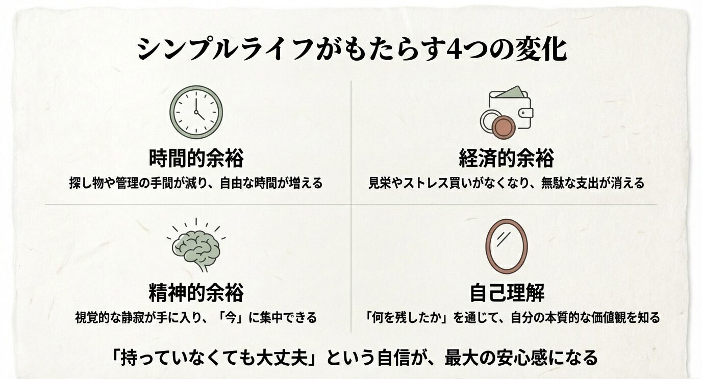 時間的余裕・経済的余裕・精神的余裕・自己理解の4つの変化をアイコン付きで示したまとめ図。
