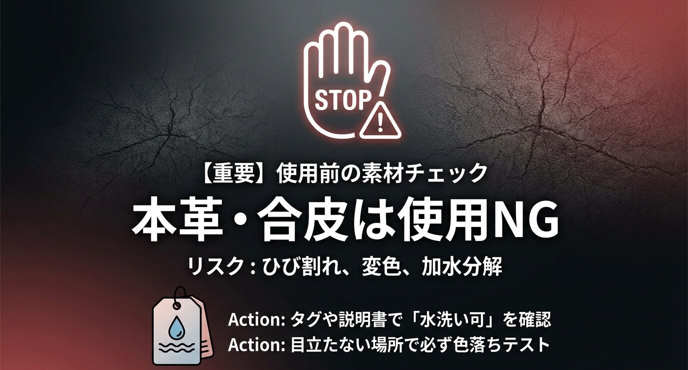 【重要】本革・合皮は使用NGの警告。リスク(ひび割れ・変色・加水分解)と、タグで水洗い可確認/目立たない場所で色落ちテストの行動指示。