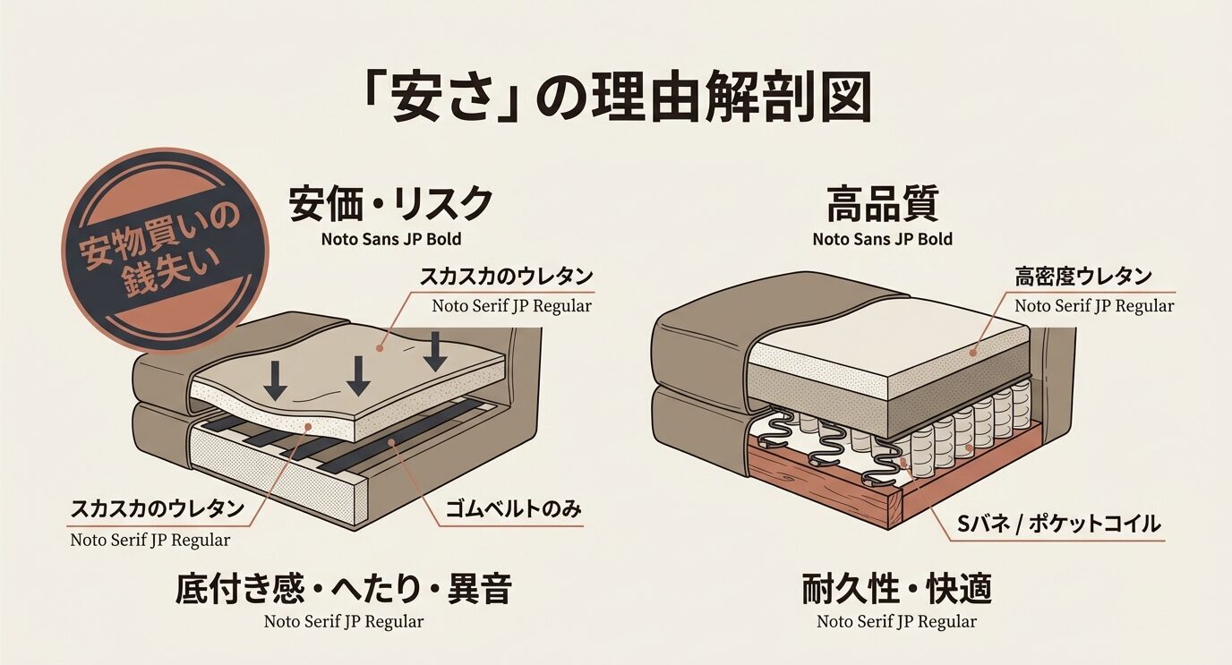 安価なソファーはスカスカのウレタンとゴムベルトのみで底付き感・へたり・異音が出やすい一方、高品質は高密度ウレタンとSバネ/ポケットコイルで耐久性と快適性が高いことを、断面図で対比した解説図。