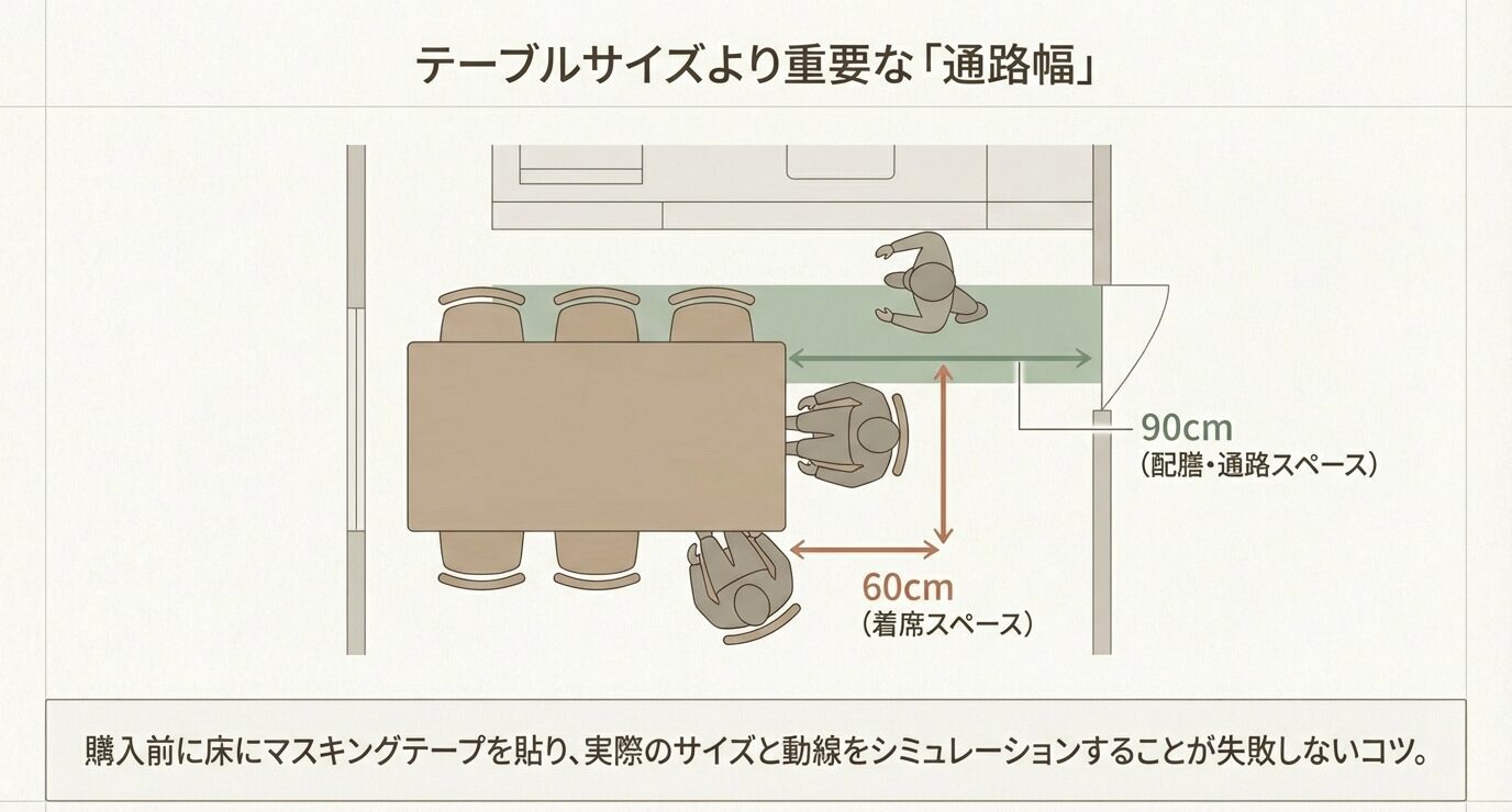 椅子の引きしろは60cm、配膳や通路は90cmが目安。床にマスキングテープで外形と動線をシミュレーションする図。