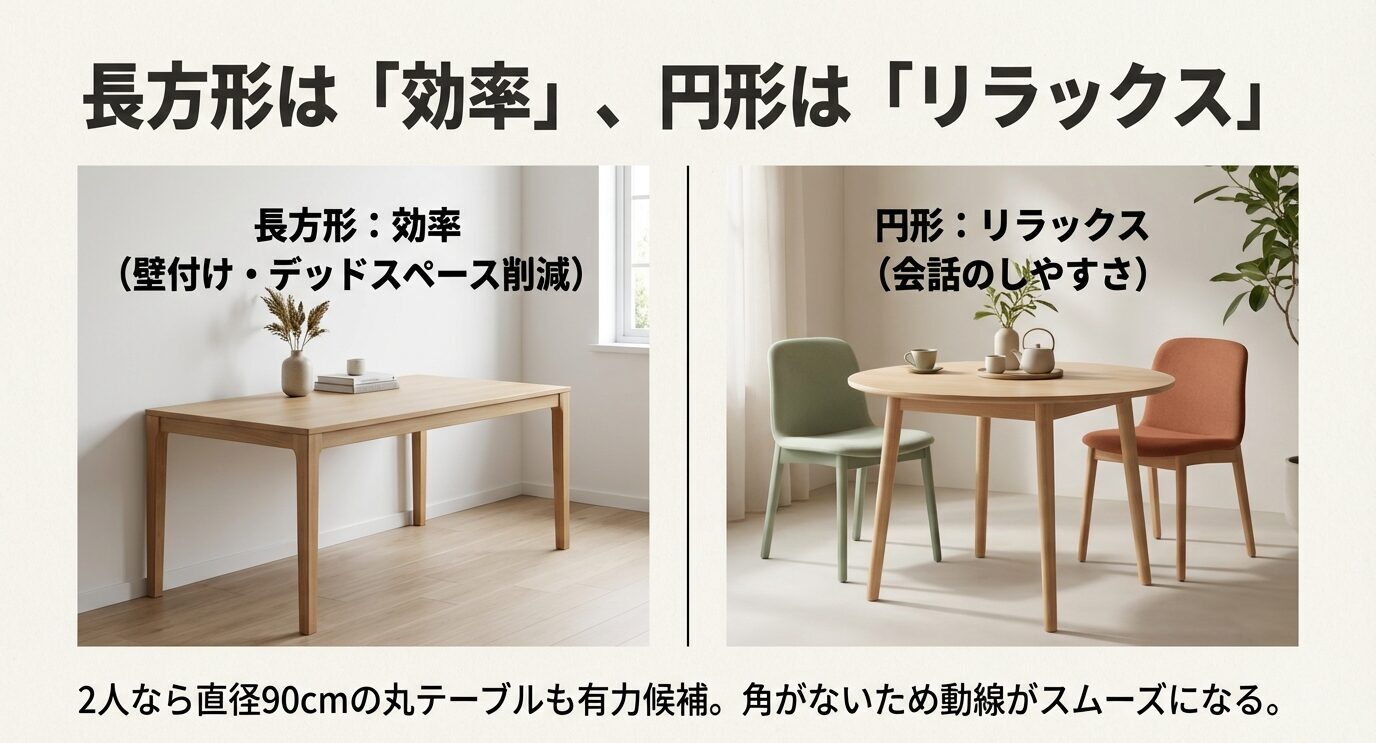 長方形テーブル(壁付けで効率)と円形テーブル(会話しやすくリラックス)を写真で比較。2人なら直径90cmの丸テーブルも候補と示す。