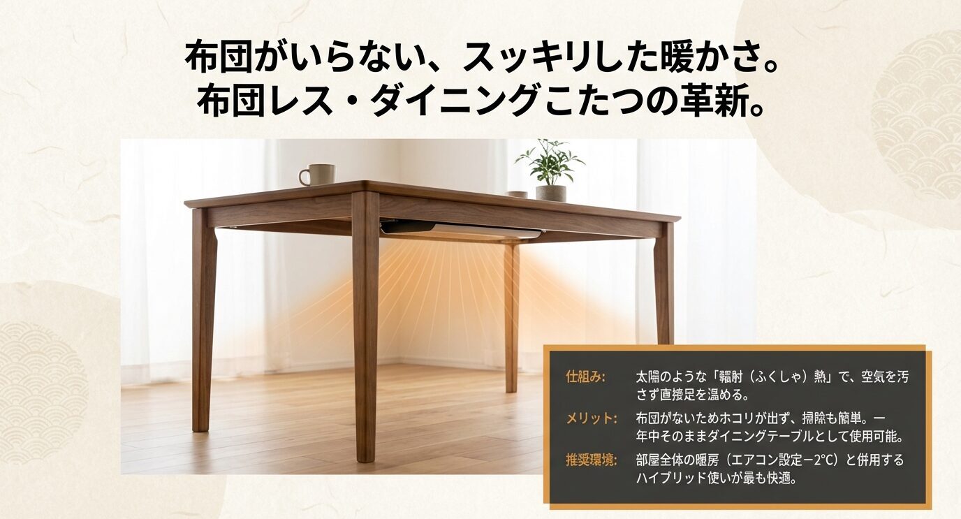 布団なしで足元へ熱を届けるダイニングこたつのイメージと、掃除のしやすさ・通年利用・併用推奨(エアコン設定-2℃)の説明
