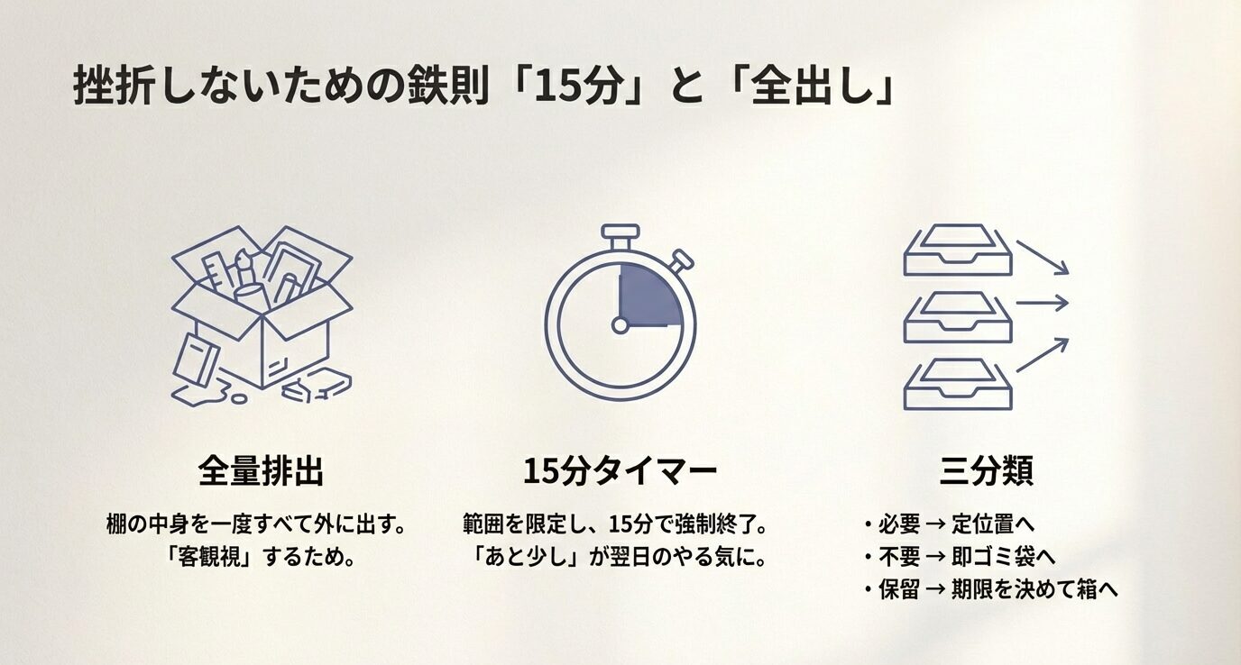 挫折しないための鉄則。全量排出で客観視、15分タイマーで強制終了、必要・不要・保留の三分類で機械的に進める。