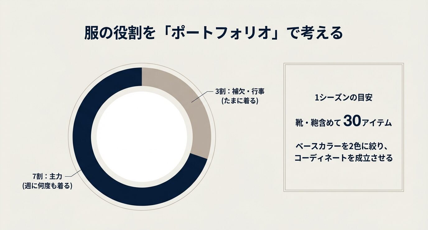 主力7割・補欠/行事3割のドーナツ図。右側に「1シーズンの目安：靴・鞄含め30アイテム」「ベースカラーを2色に絞る」と書かれている。