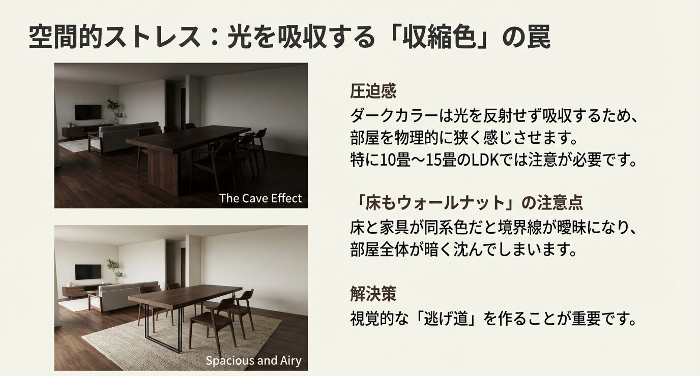 暗いLDK例「The Cave Effect」と、明るいラグ+細脚で開放的な例を比較。ダークカラーが光を吸収して圧迫感が出ることと、視覚的な「逃げ道」が解決策だと示す。