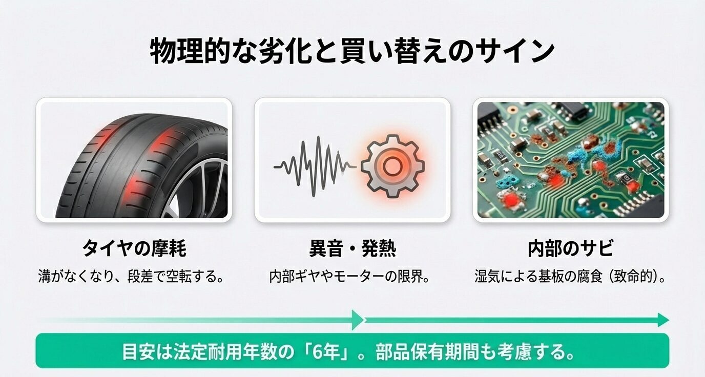 買い替えサインとして「タイヤ摩耗」「異音・発熱」「内部のサビ（基板腐食）」を提示。目安は法定耐用年数の6年で、部品保有期間も考慮すべきと示している。