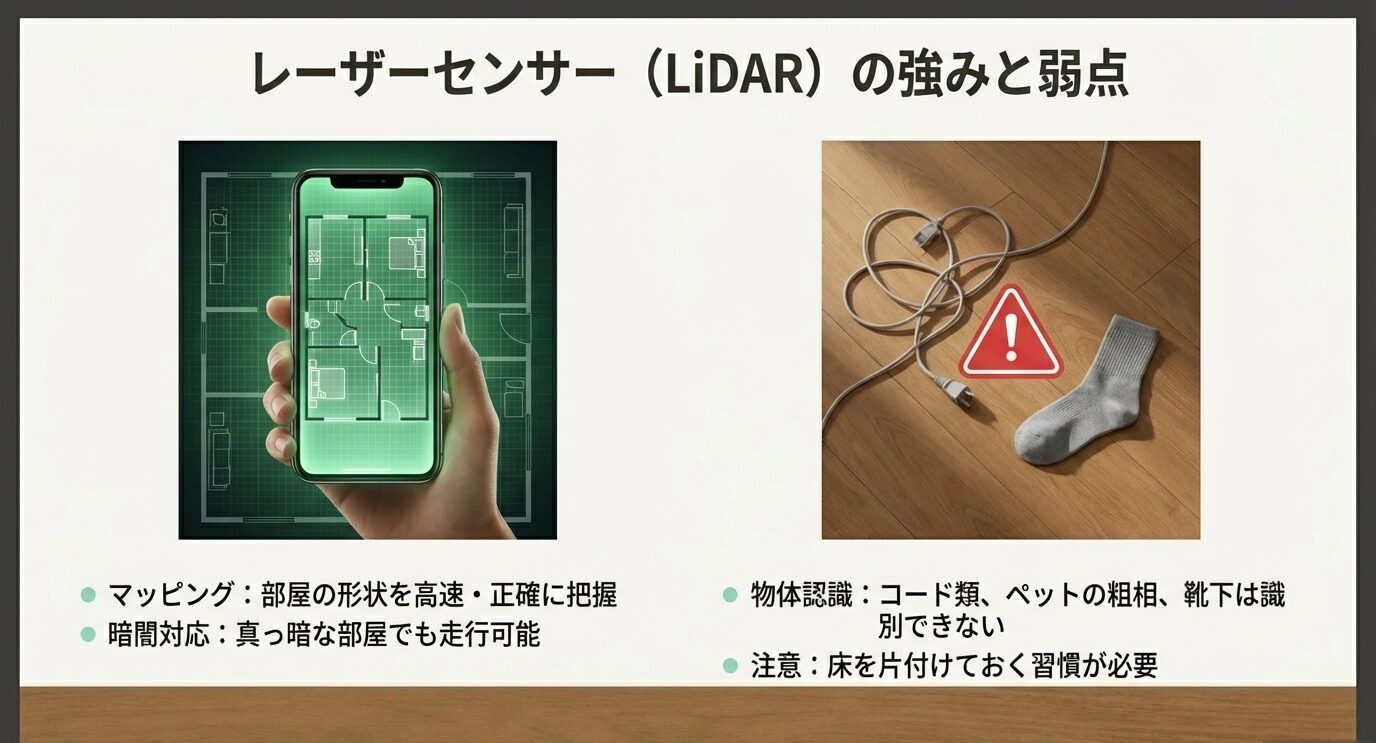 LiDARは高速・正確なマッピングと暗所走行が強み。一方でケーブルや靴下などの物体識別が苦手で、床の片付けが必要。