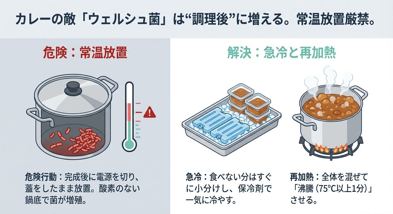 常温放置の危険と、小分けして急冷・全体を混ぜて沸騰(75℃以上1分)させる再加熱の対策を左右比較で示す。