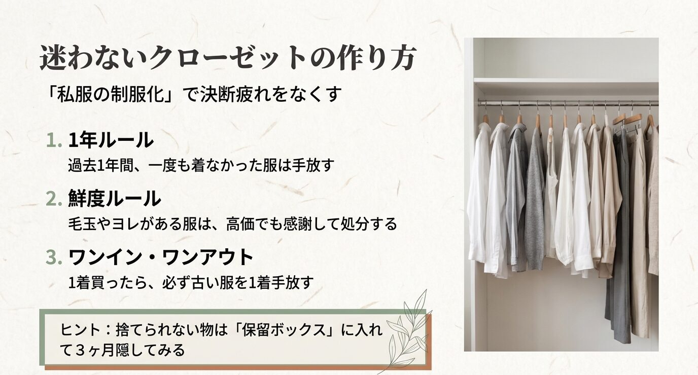 私服の制服化で決断疲れを減らす。1年ルール・鮮度ルール・ワンインワンアウトと、保留ボックスのヒントを示すスライド。