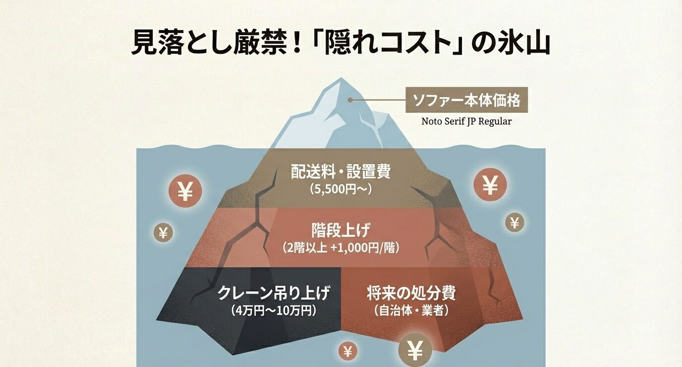 氷山図で、海上にソファー本体価格、海中に配送料・設置費（5,500円〜）、階段上げ（2階以上＋1,000円/階）、クレーン吊り上げ（4万〜10万）、将来の処分費（自治体・業者）を配置し、総額で考える必要を示す。