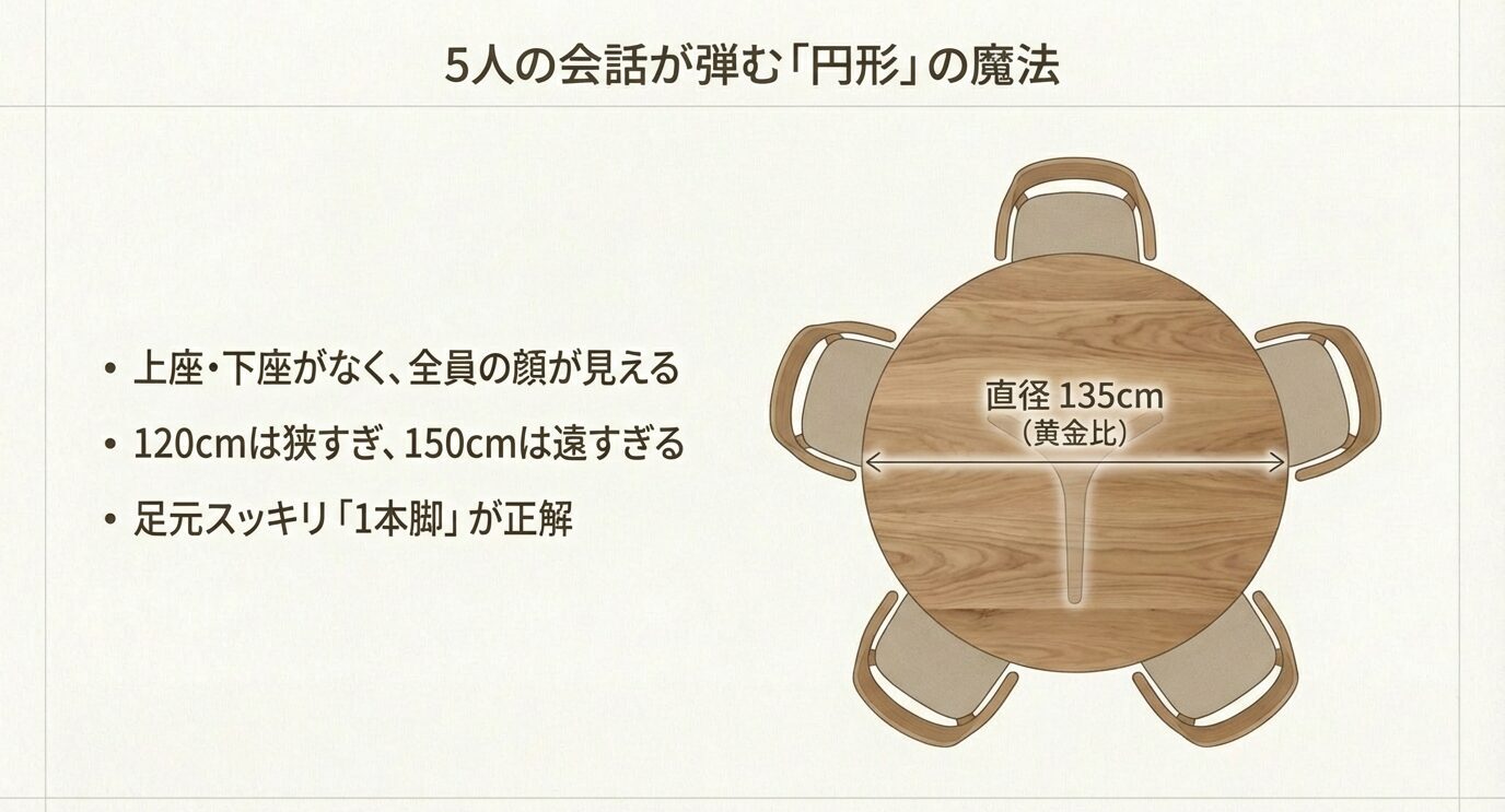 丸テーブルは上座下座がなく会話が弾む。直径135cmが目安で、120cmは狭く150cmは遠い。足元は1本脚が有利。