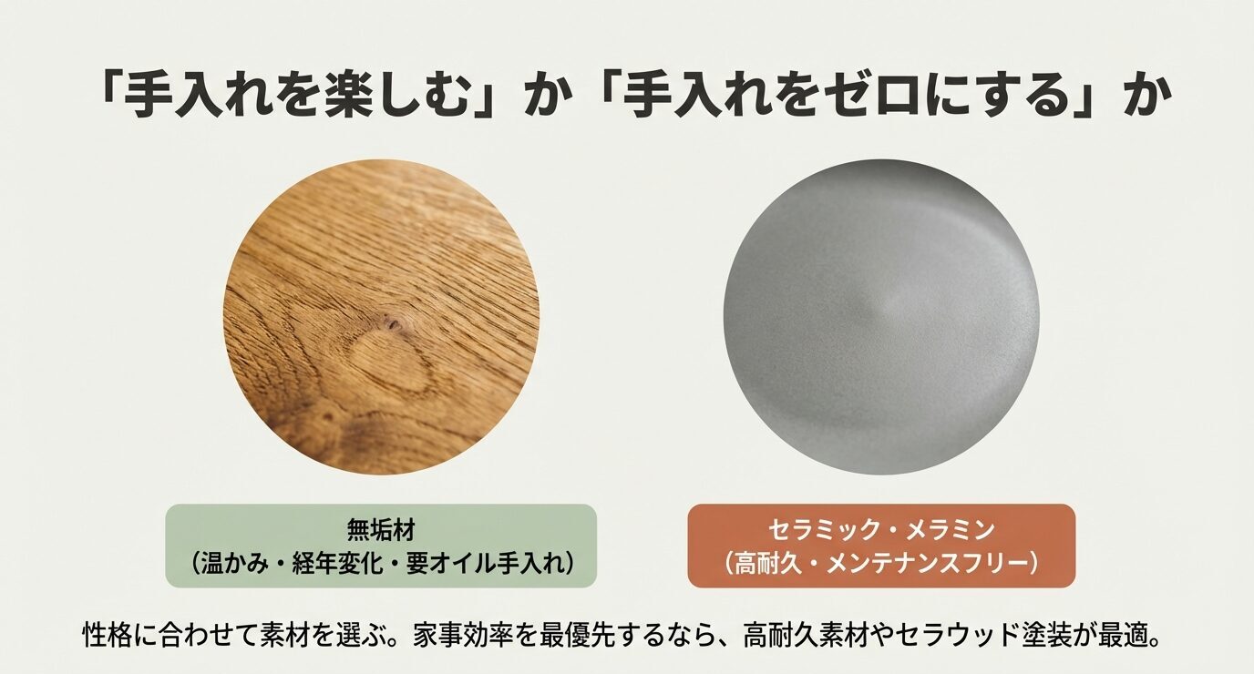 無垢材(温かみ・経年変化・要オイル手入れ)と、セラミック/メラミン(高耐久・メンテナンスフリー)を対比し、性格に合わせて選ぶ提案。
