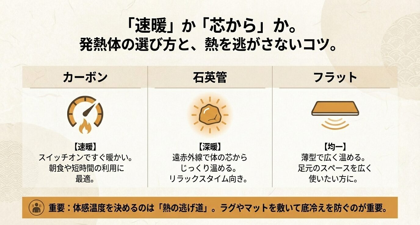 カーボン(速暖)、石英管(深暖)、フラット(均一)の比較と、体感温度は熱の逃げ道対策(ラグ・マット等)が重要という注意