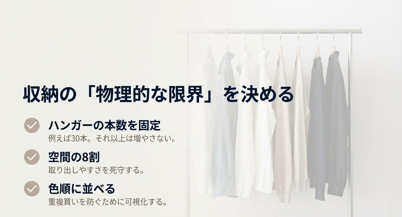 ハンガー本数を固定、空間の8割、色順に並べる、という3つのルールが箇条書きで示されている。背景に白いハンガーラック。