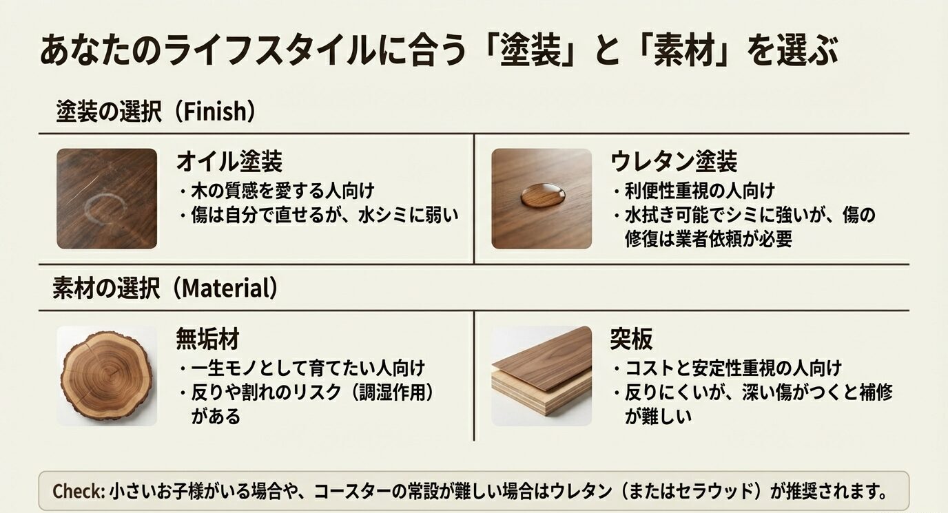 オイル塗装/ウレタン塗装、無垢材/突板をそれぞれ比較し、向く人・注意点を整理した図。小さい子どもがいるならウレタン(またはセラウッド)が推奨という注記もある。