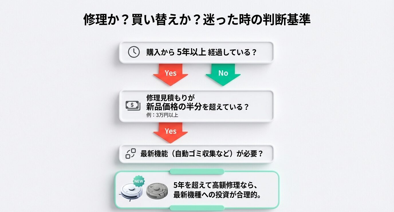 「購入から5年以上か」「修理見積もりが新品価格の半分超か」「最新機能が必要か」を順に確認し、5年超で高額修理なら最新機種への投資が合理的という結論を示すフロー図。