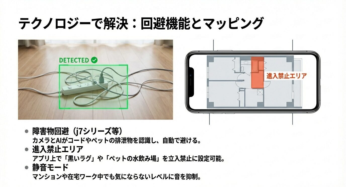 障害物回避(コードや排泄物の認識)、進入禁止エリア設定、静音モードなどの機能で、事故やストレスを減らす方針をまとめる。