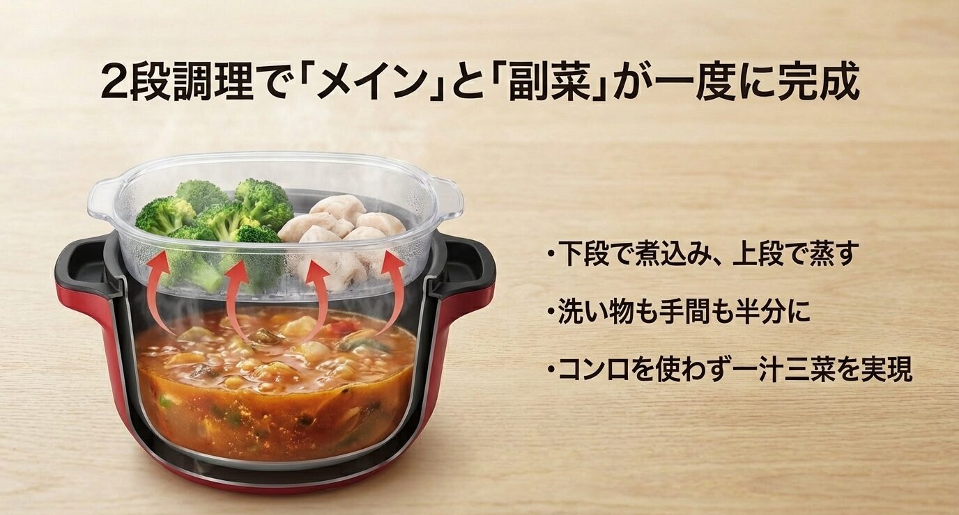 下段で煮込み、上段で蒸し調理を同時に行う断面図とともに、「洗い物も手間も半分」「コンロを使わず一汁三菜」などが示されたスライド