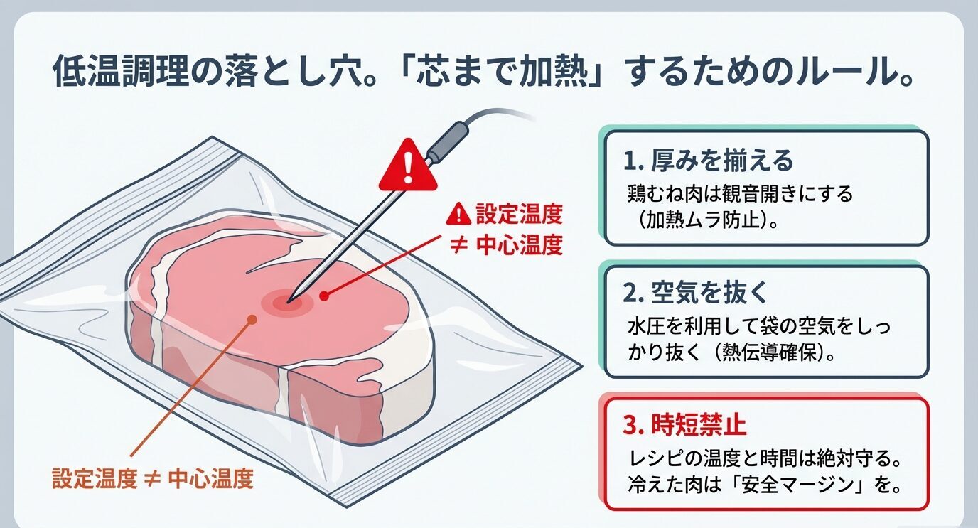 設定温度と中心温度は別という注意と、厚みを揃える・空気を抜く・時短しない、の3ポイントを図解。
