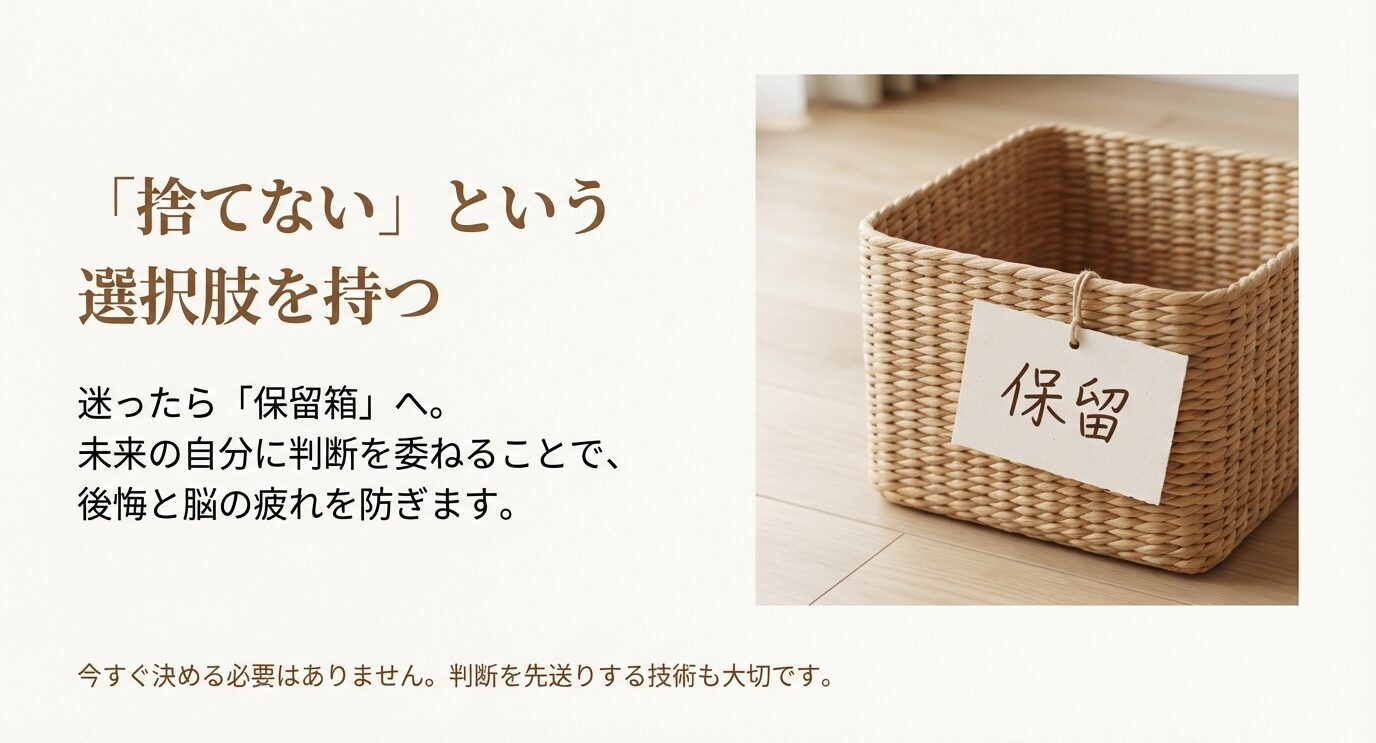 タグに「保留」と書かれたカゴの写真。「迷ったら保留箱へ。未来の自分に判断を委ねて後悔と脳疲れを防ぐ」と伝える。