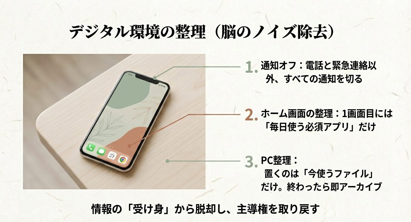 デジタル環境の整理。通知オフ、ホーム画面の整理、PCのデスクトップ運用(今使うファイルだけ置き即アーカイブ)を3項目で提示。