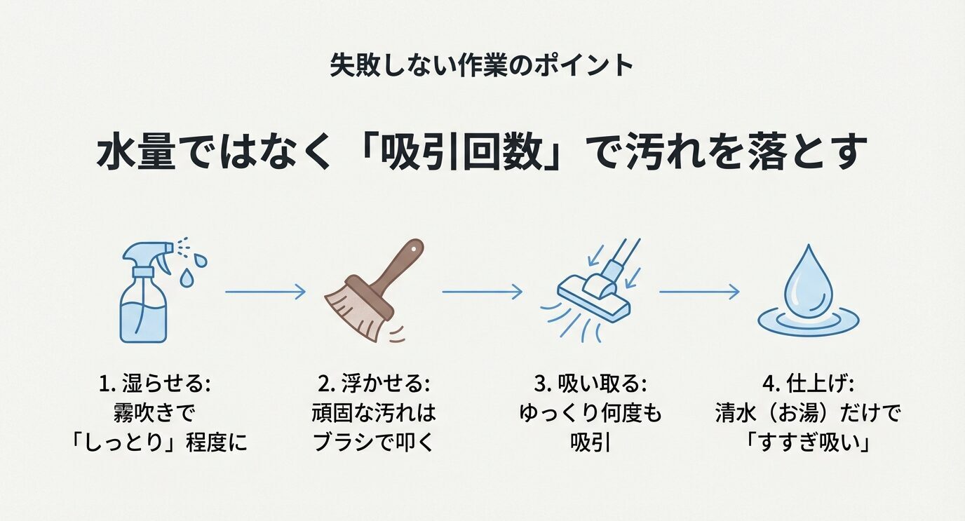 水量ではなく吸引回数で汚れを落とす手順。霧吹きで軽く湿らせる→ブラシで浮かせる→ゆっくり何度も吸引→清水(お湯)だけで“すすぎ吸い”。