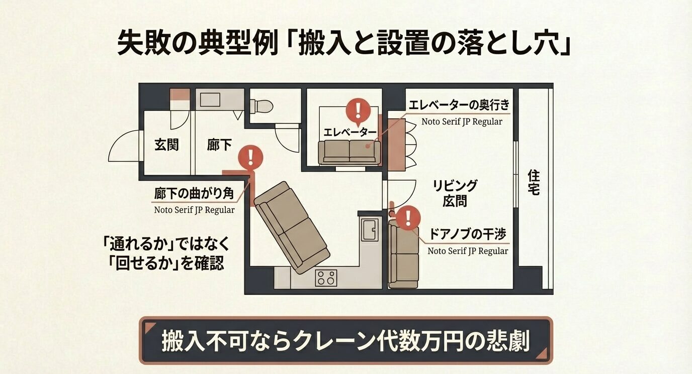 玄関→廊下の曲がり角、エレベーター奥行き、ドア干渉など搬入の危険ポイントを間取り図に警告マークで示し、「通れるかではなく回せるかを確認」「搬入不可ならクレーン代数万円の悲劇」と注意喚起する図。