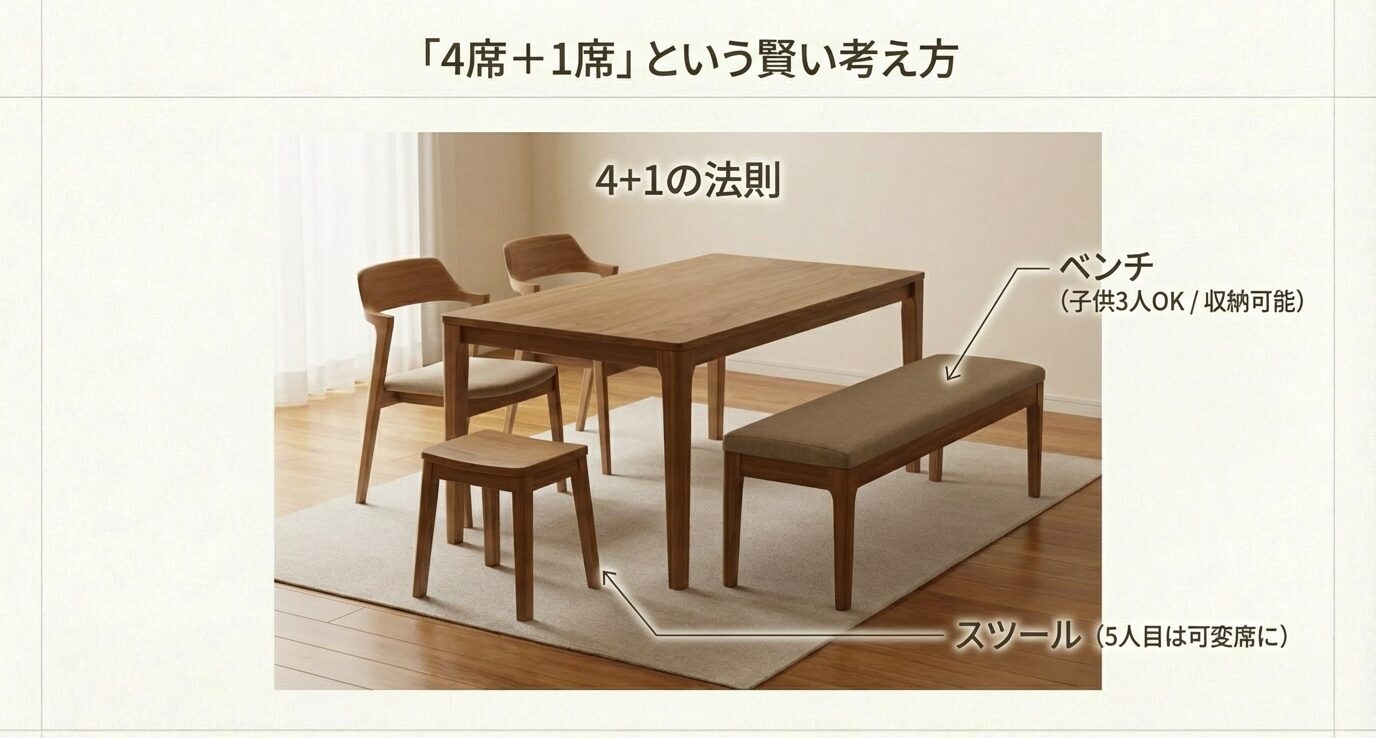 4席を快適にして5人目は可変にする“4+1”の例。ベンチは子ども3人OKで収納しやすく、5人目はスツールで必要時だけ出す。
