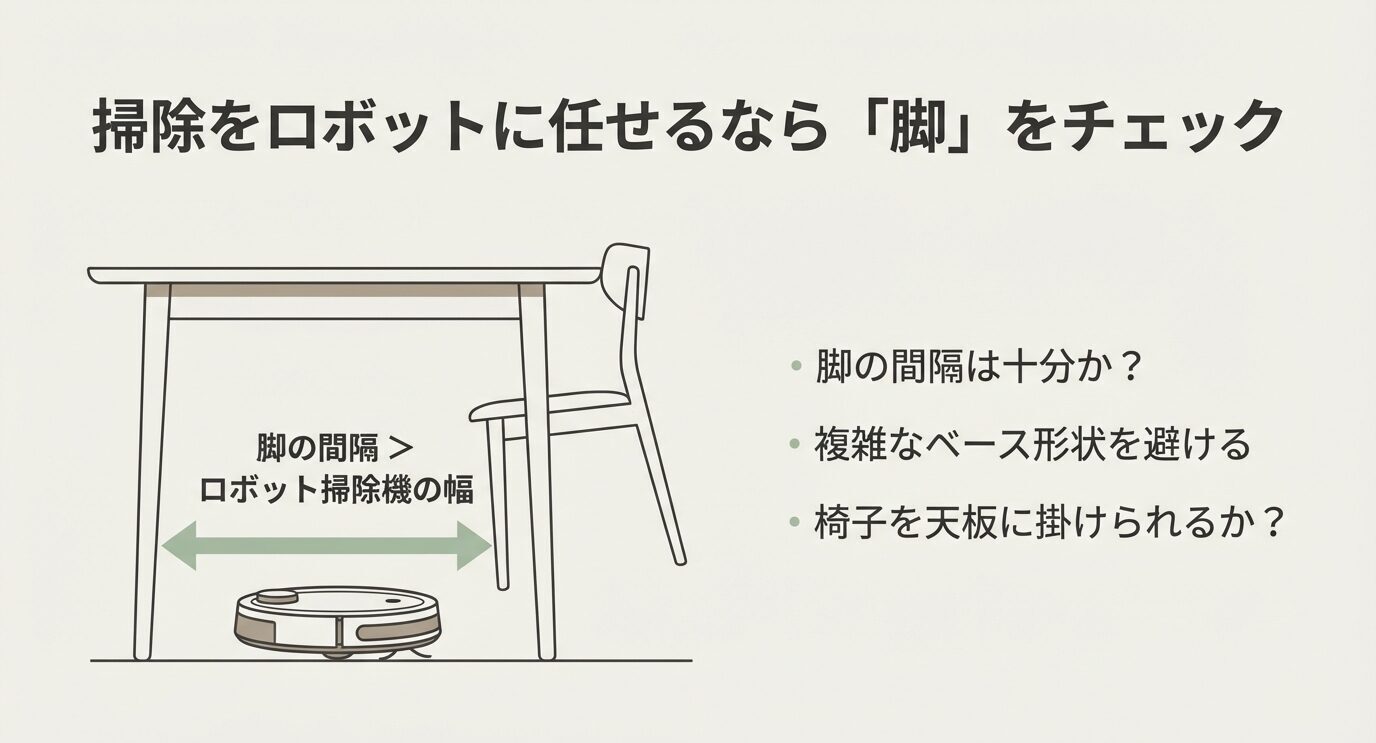 ロボット掃除機の図解。脚の間隔が掃除機幅より十分か、複雑なベース形状を避ける、椅子を天板に掛けられるかをチェック項目で示す。