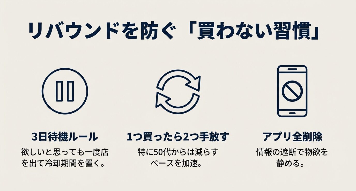 3日待機ルール、1つ買ったら2つ手放す（特に50代）、アプリ全削除、の3項目がアイコン付きで並んでいる。