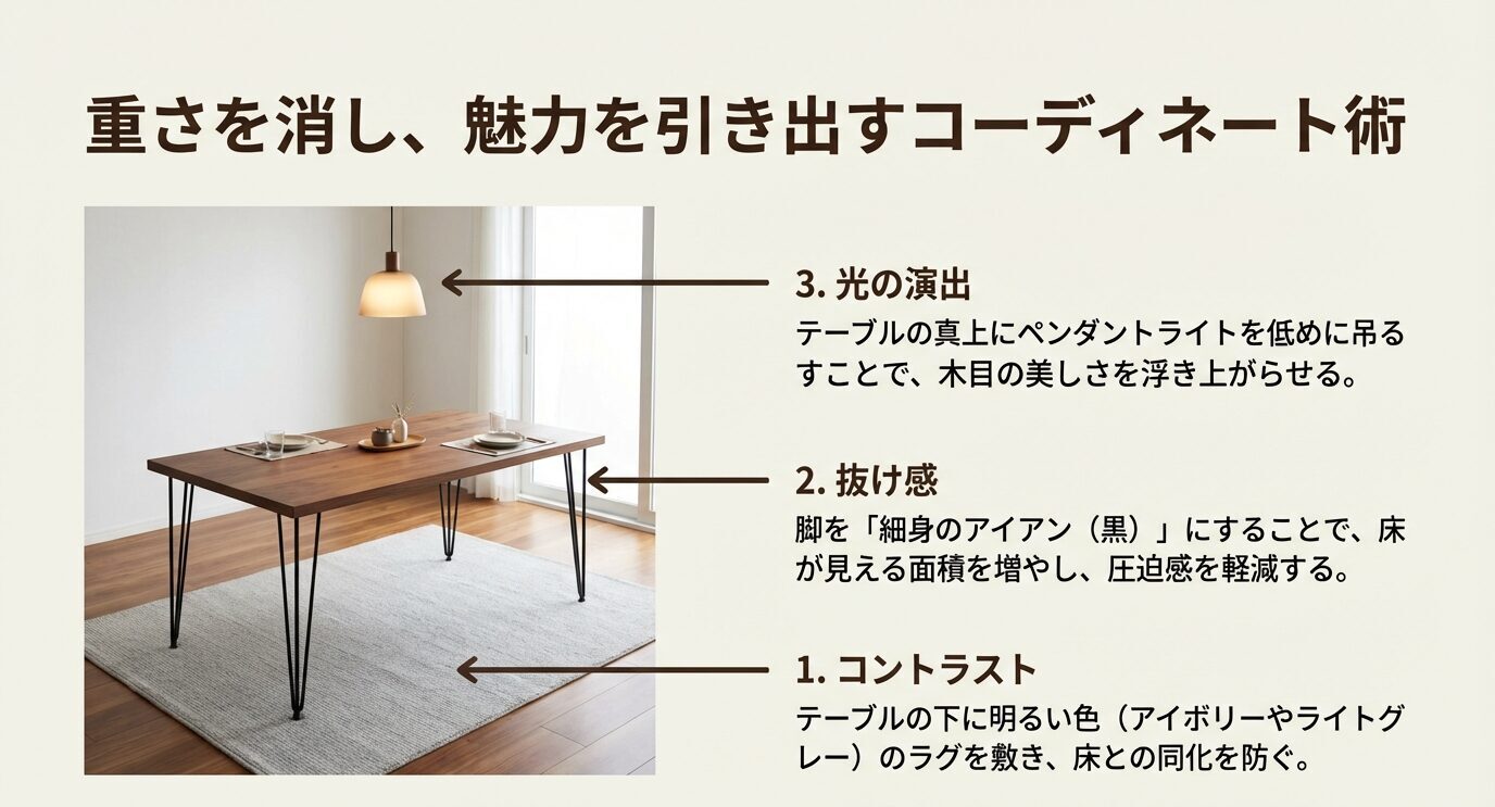 ラグでコントラスト、細身アイアン脚で抜け感、ペンダントライトで木目を照らす—の3ポイントを矢印で解説したコーデ例。