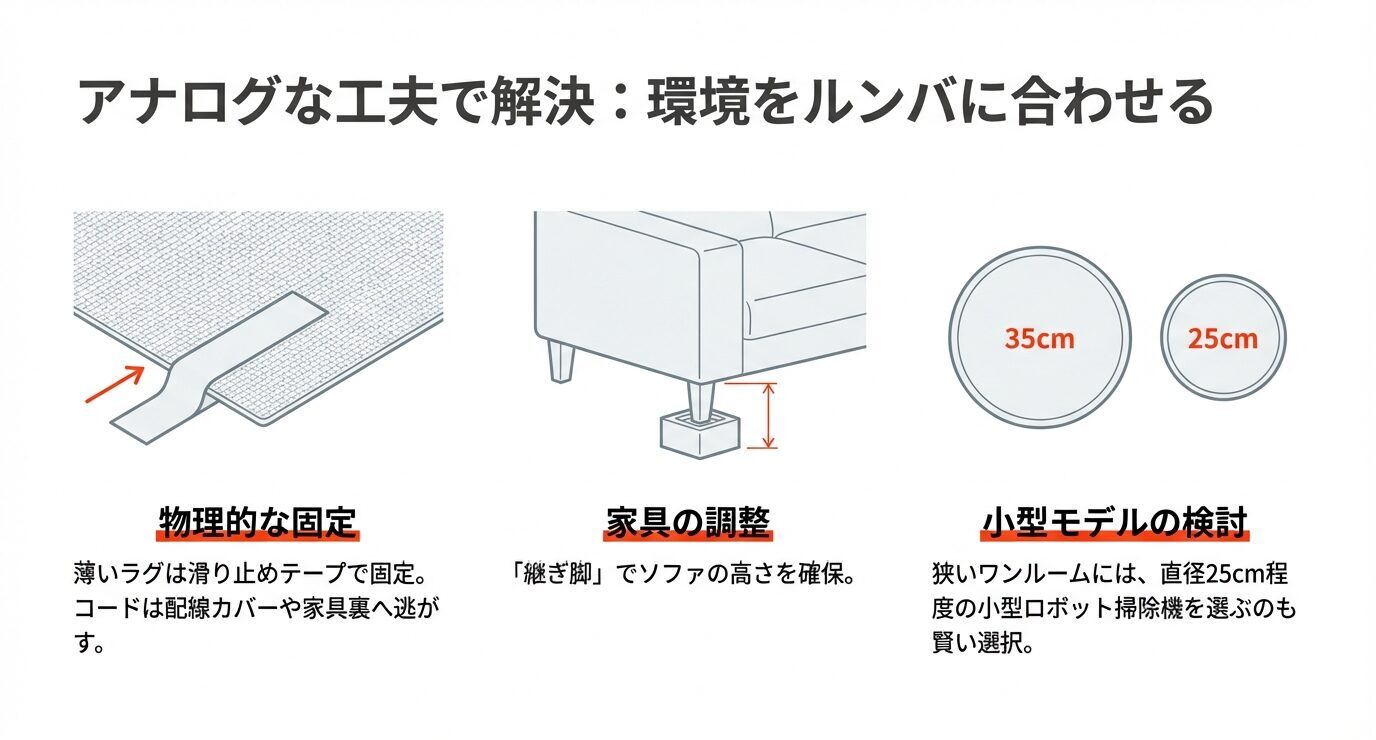 薄いラグの固定や配線カバー、継ぎ脚で家具下の高さ確保などを例示。狭い部屋は直径25cm級の小型ロボット掃除機も選択肢。