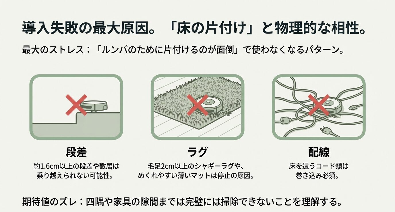 段差・ラグ・配線の3つが大きく示され、「約1.6cm以上の段差」「毛足2cm以上やめくれやすいマット」「床を這うコードは巻き込み必須」など失敗要因が整理されたスライド