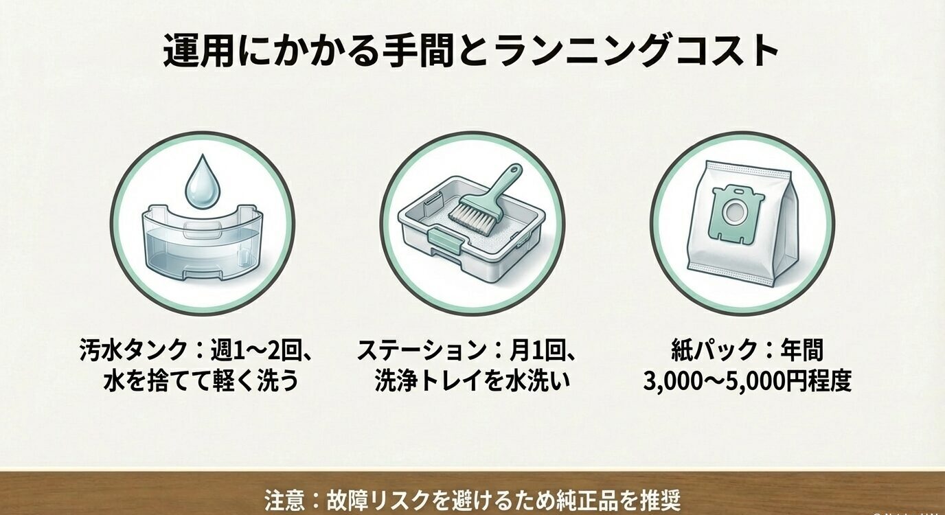 汚水タンクは週1〜2回、洗浄トレイは月1回、紙パックは年間3,000〜5,000円程度の目安。故障回避のため純正品推奨。