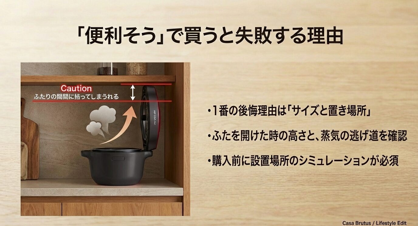 吊り戸棚の下でフタが当たる注意図とともに、「一番の後悔理由は『サイズと置き場所』」「蒸気の逃げ道を確認」などが書かれたスライド