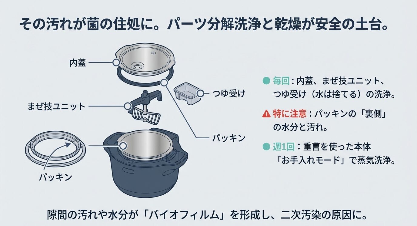 内蓋・まぜ技ユニット・つゆ受け・パッキンの図と、毎回洗浄/パッキン裏の水分注意/週1お手入れモードをまとめた説明。