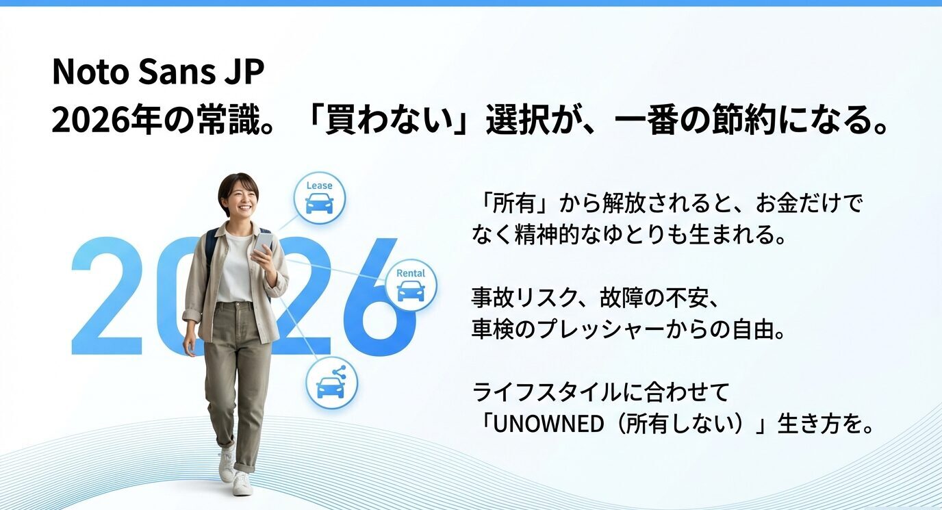 「買わない選択が一番の節約になる」と大きく表示。所有から解放されることで、お金だけでなく精神的余裕が生まれ、事故・故障・車検プレッシャーから自由になる点を示す。
