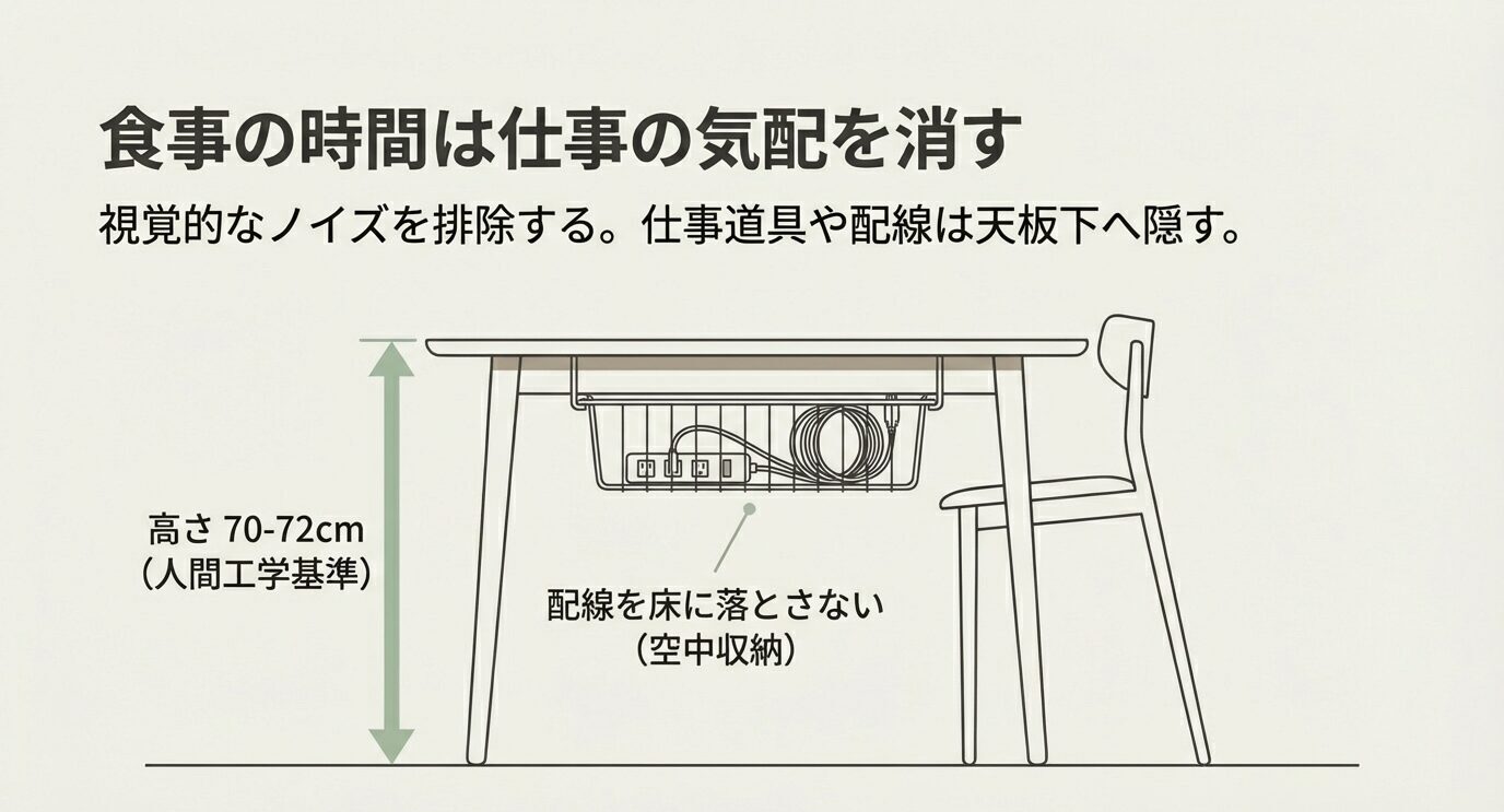 テーブル下に配線と電源タップを収納する図。高さ70〜72cmの目安と、配線を床に落とさない「空中収納」で視覚ノイズを減らす提案。