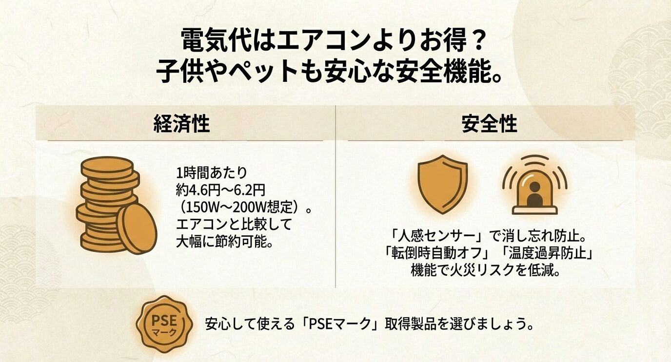 パネルヒーターの電気代目安(1時間約4.6〜6.2円想定)と、人感センサー・転倒時自動オフ・温度過昇防止、PSEマーク確認のポイント